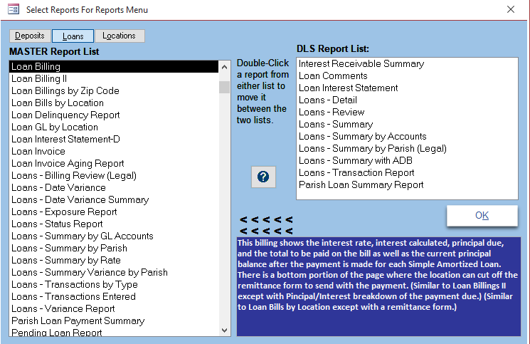 Select Report Menu Screen